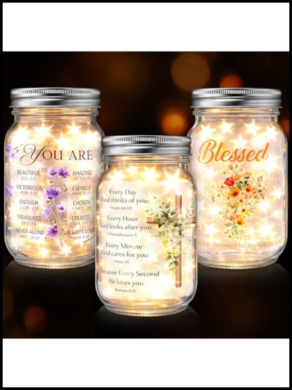 3 Pack Mason Jar Night Lights LED Scripture Floral Christian Gift Set Glass